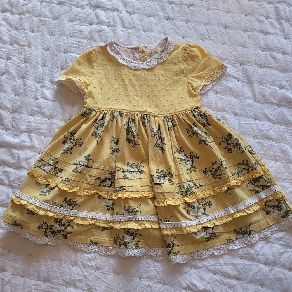 Matilda Jane "Stay Golden" A-Line dress featuring a yellow floral print and lace